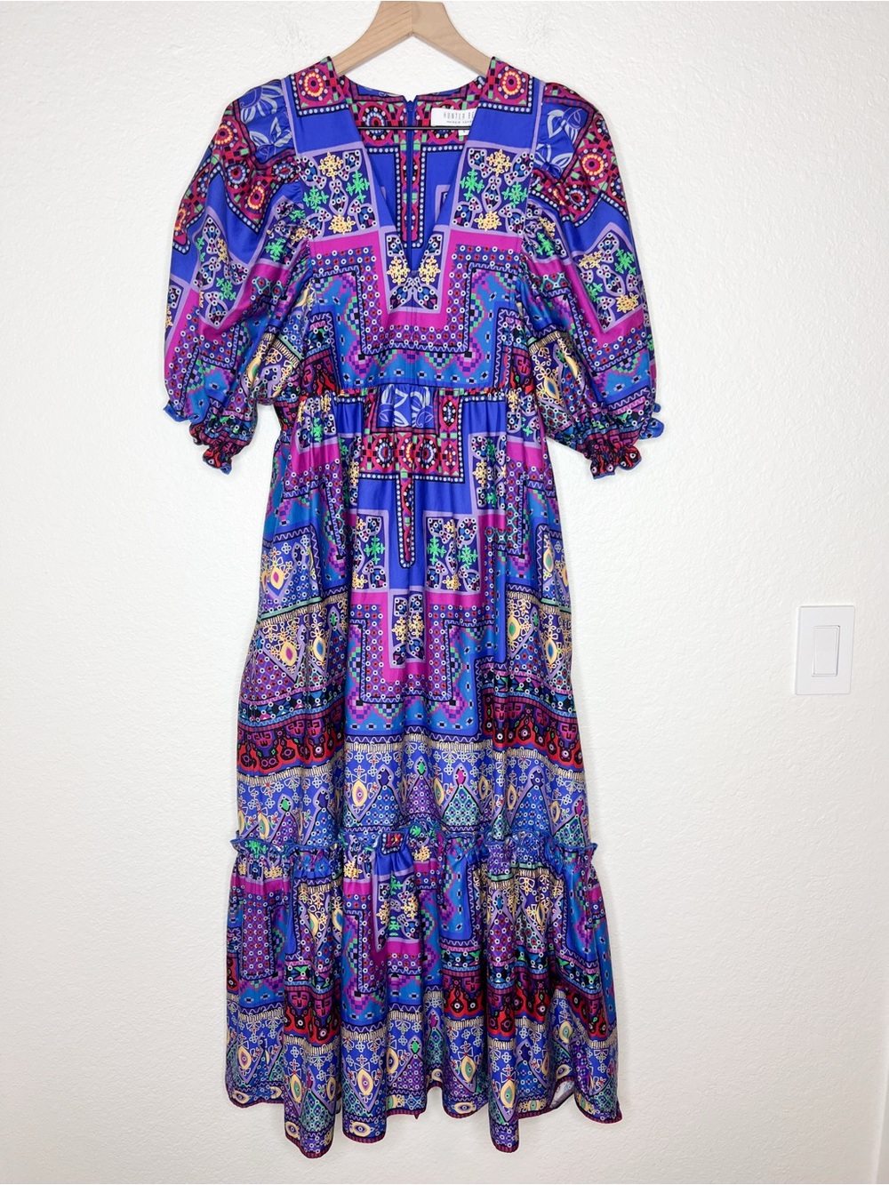 Hunter Bell Palmer Dress Multicolor Print Midi Maxi Puff Sleeve size Small - Picture 4 of 8